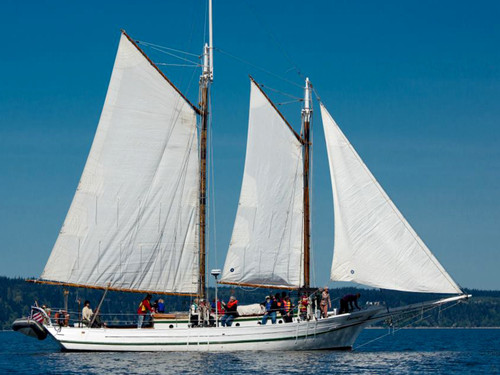 Schooner Lavengro sailing in a race during the Northwest Schooner Cup at Port Townsend Wooden Boat Festival